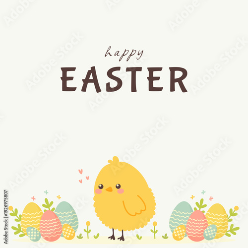 Happy Easter greeting card with cute chick and painted eggs vector illustration.