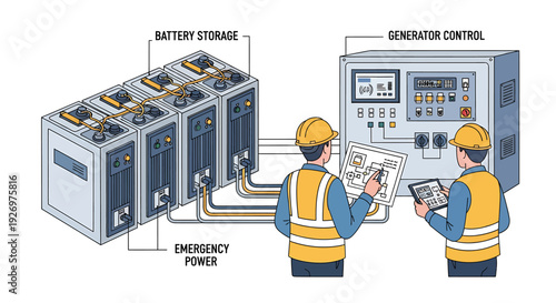 Electrical Engineers Inspecting Generator Control Panel.