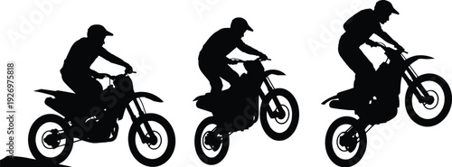 Three Silhouettes of Motorcyclists Performing Dirt Bike Jumps on a White Background dirt bikes black
