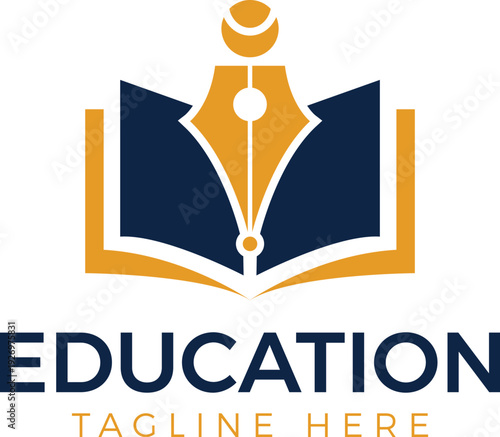 Professional Academic Logo with Golden Fountain Pen Nib and Open Book Icon, Elegant Literacy Branding Featuring Calligraphy Pen and Scholarly Literature Symbol