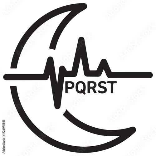 Minimalist medical logo featuring a crescent moon integrated with a heartbeat ECG line and PQRST text, representing sleep apnea monitoring and nocturnal cardiology diagnostics in a clean vector style.