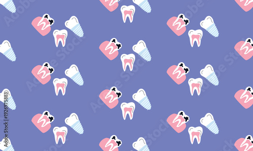 Dental Care Pattern Background with Healthy Teeth, Filled Tooth and Tooth with Cavity, Dentistry Treatment Concept
