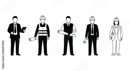 A series of five black silhouettes depicting construction workers and professionals in various attire silhouette high quality professional detailed modern elegant