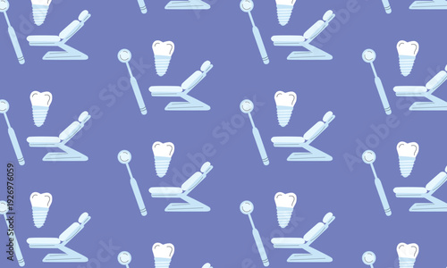 Dental Care Pattern Background with Filled Teeth, Dentist Chair and Dental Instruments, Dentistry Treatment Concept