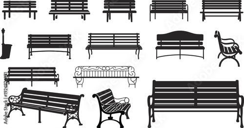 Various styles of black and white park benches and outdoor seating arrangements in a line-up wooden benches