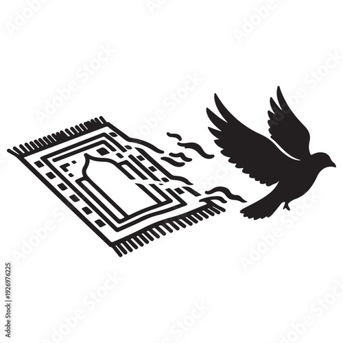 Islamic prayer mat and flying dove silhouette representing spiritual peace and devotion through minimalist vector art, ideal for Ramadan, Eid, or religious conceptual designs and symbols.