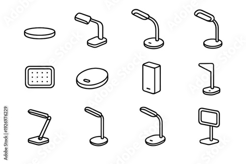 Portable vector icon battery lighting adjustable lamp surface head foldable port modern