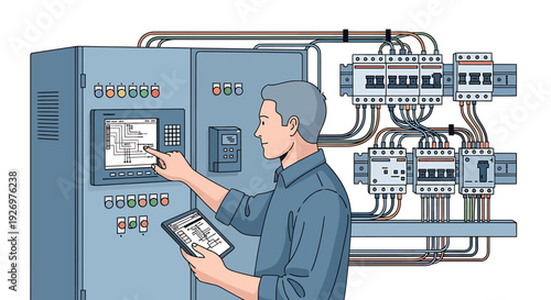 Technician Operating Industrial Control Panel System.