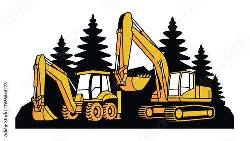 Heavy machinery excavators operating in a forested area with pine trees around them