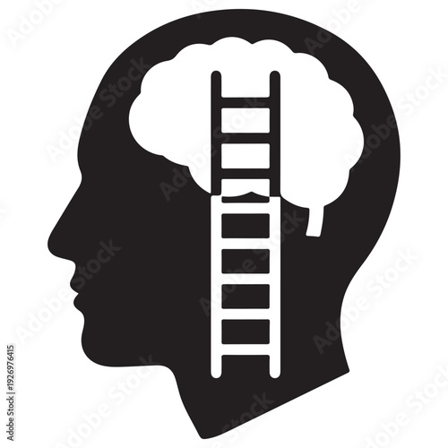Minimalist human head silhouette with brain and ladder icon representing personal growth, mental health progress, cognitive development, and the journey of self-improvement in a clean style.