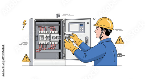 Electrician Inspecting Electrical Panel and Circuit Breaker.