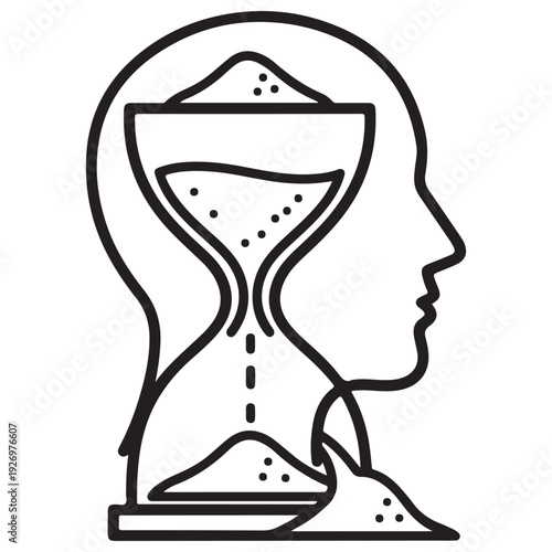 Conceptual line art icon of a human head profile containing an hourglass with flowing sand leaking out, symbolizing time management, memory loss, aging, and mental pressure in a minimalist style.
