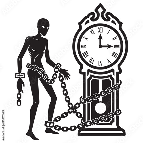 Silhouette of a gaunt humanoid figure chained and shackled to a vintage grandfather clock, symbolizing the burden of time and mortality in a minimalist black and white vector style.