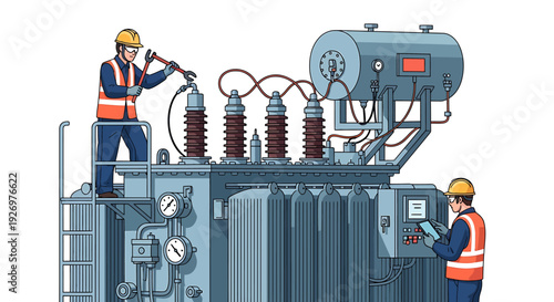 Electricians Working on Large Power Transformer.