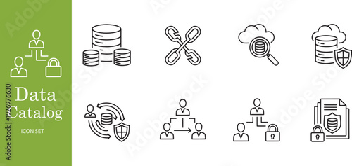 Data Catalog and Security Icon Set for Cloud Database, Cybersecurity, and Information Privacy Management