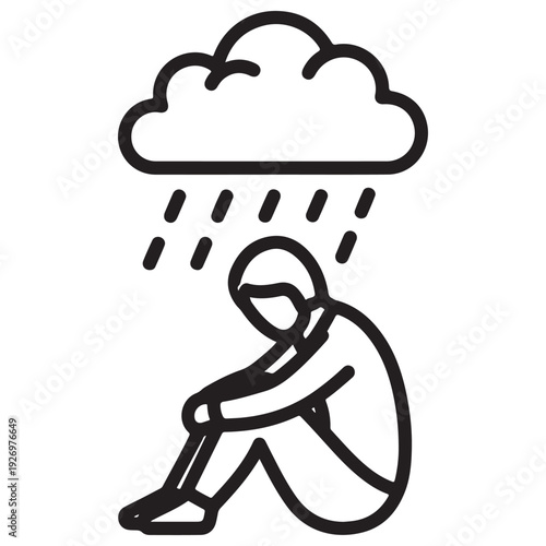 Minimalist line art icon of a depressed person sitting hunched under a dark rain cloud, symbolizing mental health struggles, sadness, and emotional grief in a clean black and white vector style.