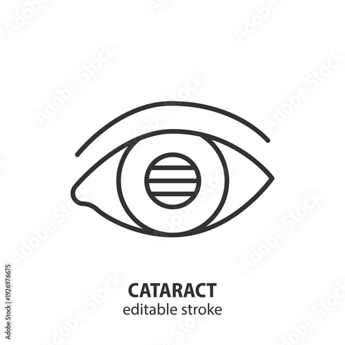 Eye with cataract medical line icon. Blurred vision or opacity of lens disease concept. Ophthalmology sign. Editable stroke. Vector illustration.