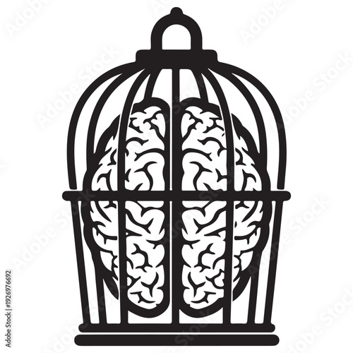 Conceptual Human Brain Trapped Inside a Vintage Birdcage Silhouette Representing Mental Health Struggles, Restricted Creativity, Intellectual Imprisonment, and Psychological Confinement.