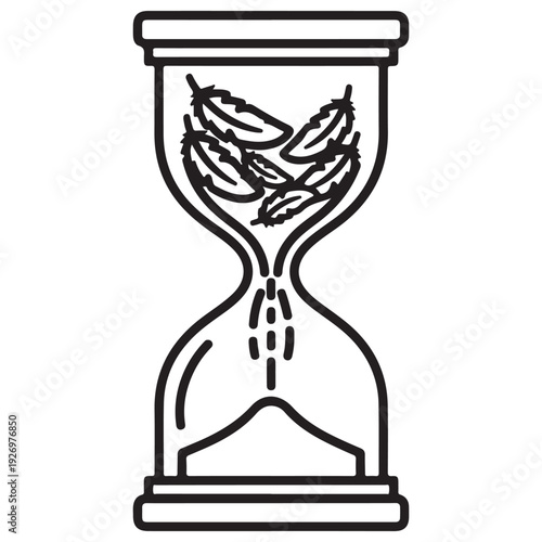 Minimalist Hourglass Line Art Illustration with Feathers Falling Instead of Sand, Symbolizing the Lightness of Time, Ephemeral Moments, and Philosophical Concepts in a Clean Graphic Style.