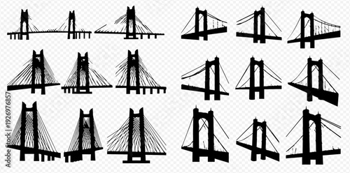 Collection of various bridge silhouettes, including suspension and cable-stayed designs, in black on a transparent background, depicting different architectural styles and engineering structures.
