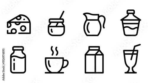 minimal food and beverage line icon set featuring cheese jar honey teapot takeaway coffee milk carton smoothie and dairy products outline vector illustration 
