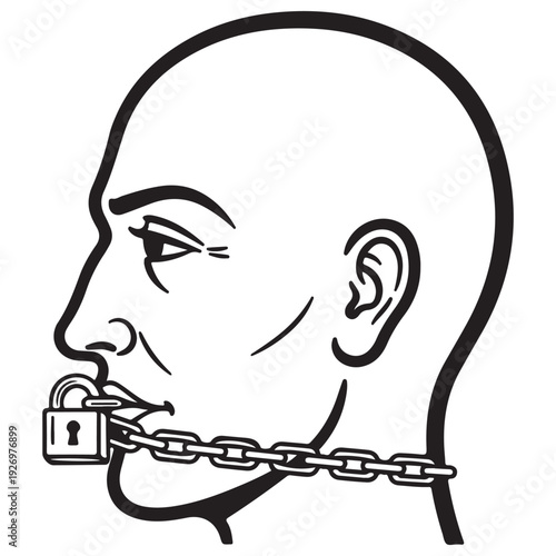Minimalist line art illustration of a human head profile with a metal chain and padlock sealing the mouth, representing censorship, loss of freedom of speech, and social repression.