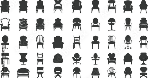 Chair silhouettes collection vintage and modern armchair office and dining seat icons isolated on white background furniture vector illustration set