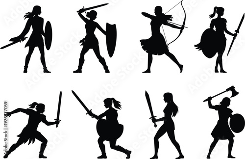 Female warrior silhouettes collection women fighters with sword shield bow and axe isolated on white background fantasy combat vector illustration set