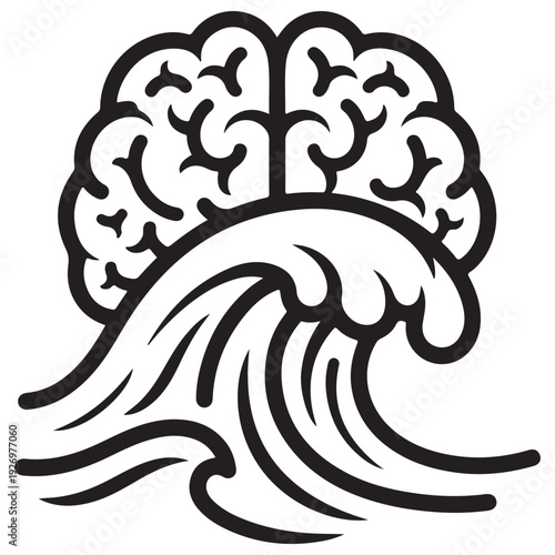 Minimalist black and white line art illustration of a human brain merging with a powerful crashing ocean wave, symbolizing mental flow, creative energy, and the deep subconscious mind.