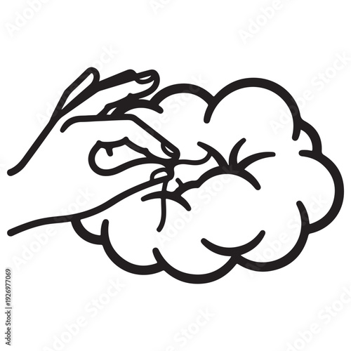 Minimalist hand illustration pinching a soft fluffy cloud or cotton ball isolated on white background, clean black line art style for craft, textile, or weather concepts and symbols.