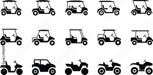 Golf cart and ATV silhouettes collection side view electric buggy and quad bike icons isolated on white background transportation vector set