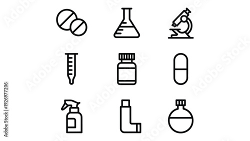 minimal medical and laboratory line icon set featuring microscope syringe pills medicine bottle test tube flask and cleaning spray outline vector illustration 