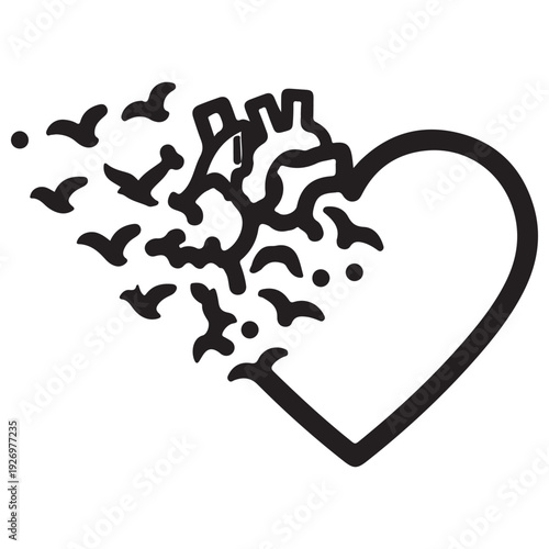 Heart symbol transforming into a flock of birds flying away in a minimalist black and white line art style, representing emotional healing, liberation, and the release of feelings.