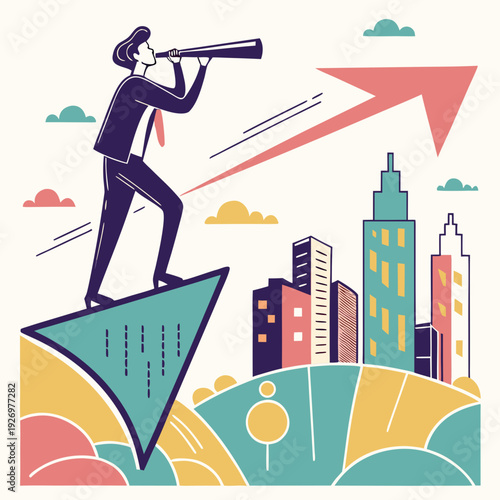 Businessman with spyglass on geometric shape overlooking cityscape, representing vision, foresight, and business growth strategy with upward arrow.