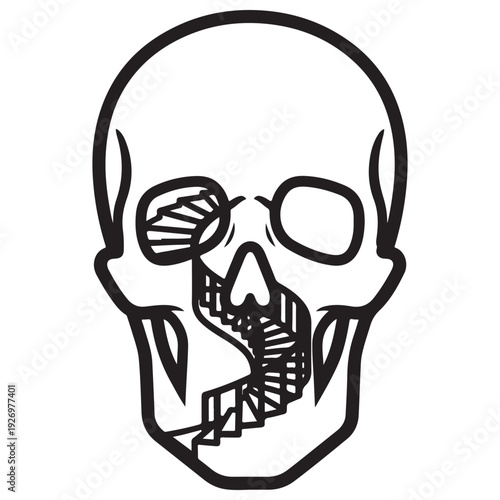 Surreal Human Skull Line Art Illustration Featuring an Internal Spiral Staircase Leading Through the Eye Socket, Conceptual Graphic Representing the Journey of the Mind and Subconscious.