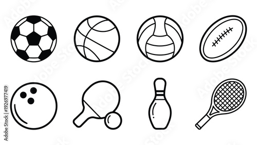  minimal black line sports icon set featuring soccer basketball volleyball american football bowling tennis and table tennis equipment isolated on white background vector illustration