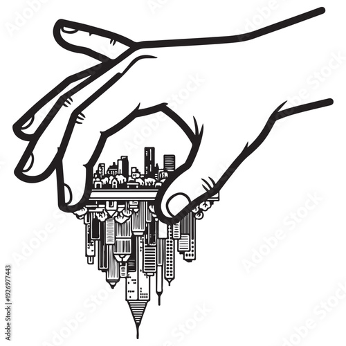 Giant human hand picking up a miniature urban cityscape, minimalist black and white line art illustration representing urban planning, real estate control, and architectural design power.