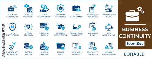 Business continuity and risk management icon set featuring disaster recovery, cyber security, emergency planning, data protection, cloud backup, and crisis management symbols.