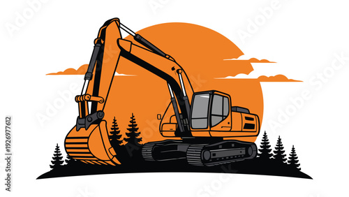 Orange excavator working in a forest during sunset with a dramatic sky backdrop.