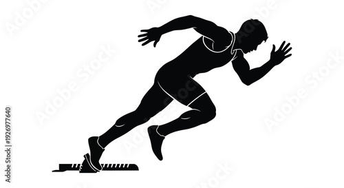 A dynamic black silhouette depicts a male athlete sprinting forward with determined energy and powerful stride silhouette high quality professional detailed