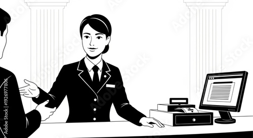 Woman in uniform assisting a customer at a service desk.