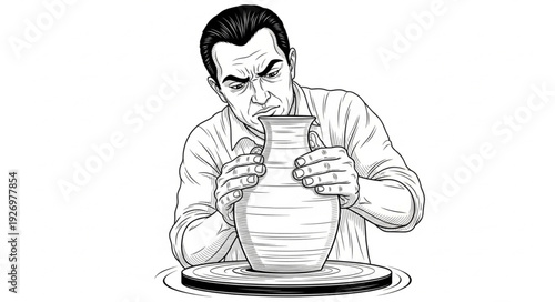 Man intently examines a pottery vase, focusing on its shape and details.