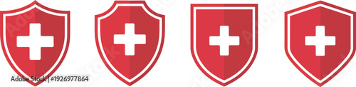 Four red shields with white crosses medical