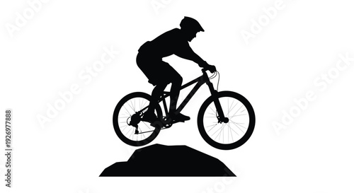 A black silhouette of a mountain biker riding over a rocky outcrop showcasing dynamic movement silhouette high quality professional detailed modern