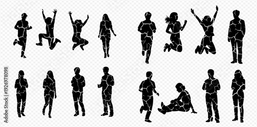 Set of diverse people silhouettes in various poses including running, jumping, standing, and sitting, depicting different human actions and emotions.