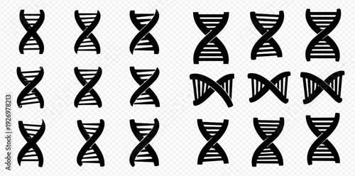 Set of hand-drawn DNA helix icons, representing genetics, biology, and scientific research in doodle style.