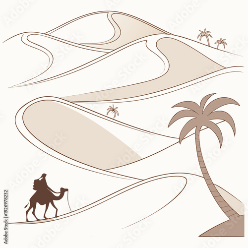 A lone camel and rider traverse rolling sand dunes under a pale sky, depicted in a simple, sepia-toned illustration.