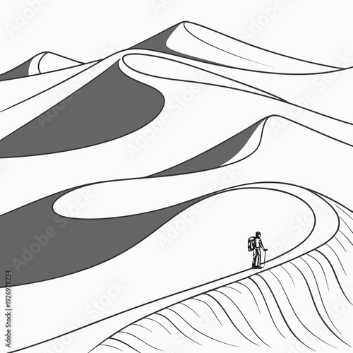 Lone hiker with trekking poles navigates vast, stylized sand dunes under a minimalist sky, evoking adventure and solitude.