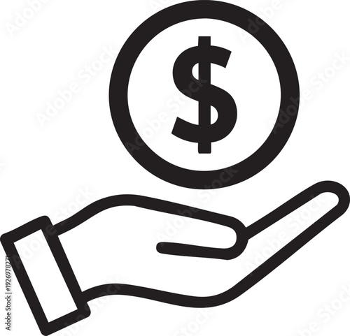 Bold outline icon of hand with dollar coin for money lending themes