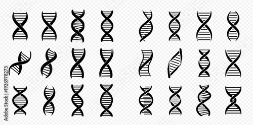 Set of hand-drawn DNA helix icons representing genetics, biology, and scientific research in various styles.